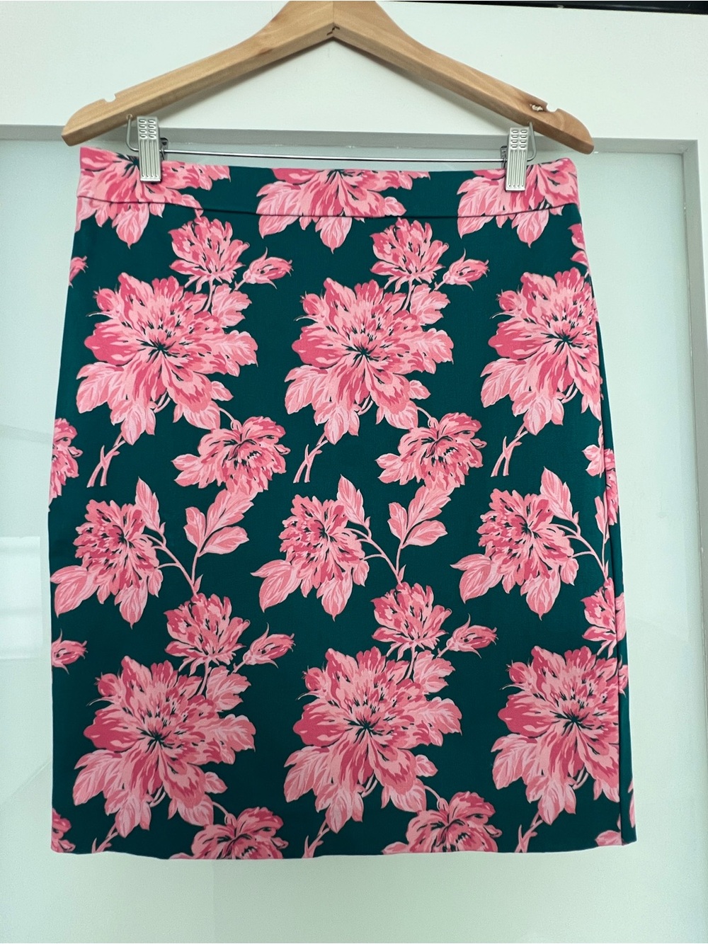 J Crew Women's Teal Floral Pencil Skirt with Pink Blooms